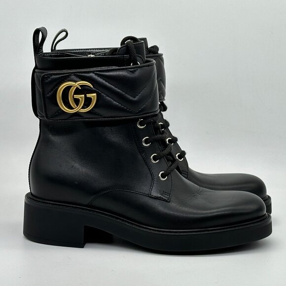 Gucci GG Logo Metalasse Leather Strap Combat Lace Up Ankle Bootie Boots - Picture 8 of 16